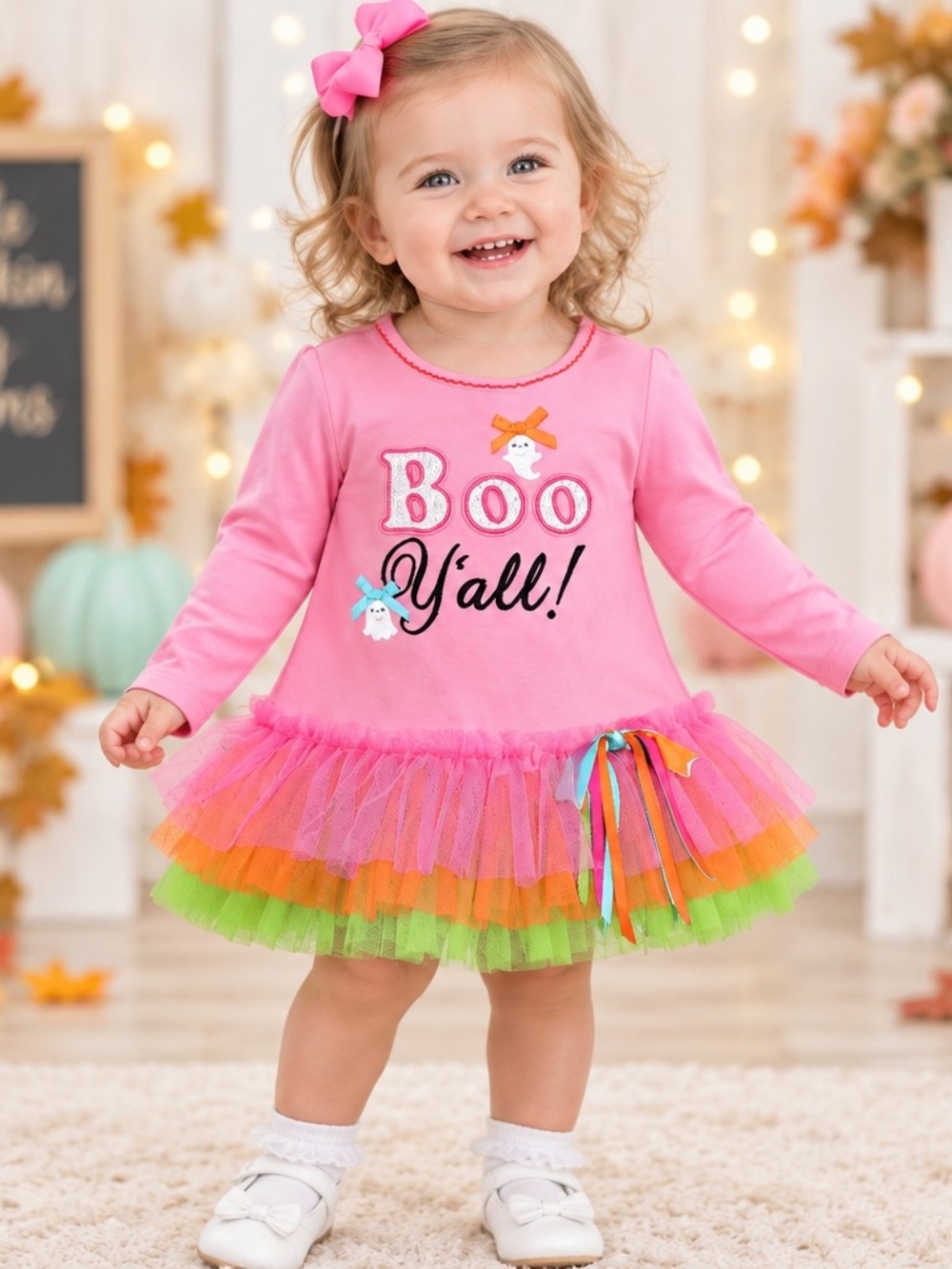 Bonnie Baby Pink Halloween 'Boo Y'all!' Tulle Trim Dress